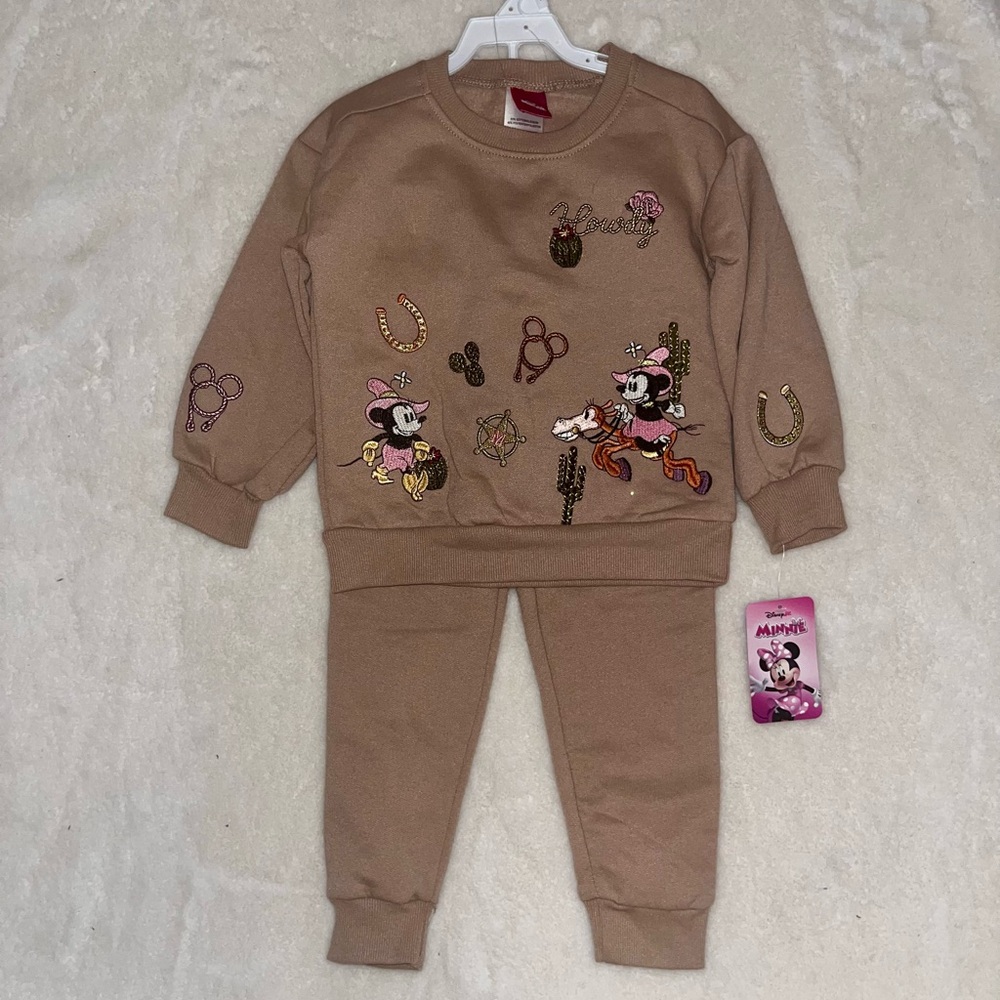 NWT Disney Minnie Mouse Western "Howdy" Sweatshirt & Jogger Set - Tan - 3T